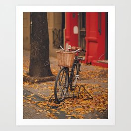 Autumn bicycle | Street photography | A bike in a Buenos Aires street surrounded by autumn leaves Art Print