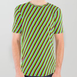 [ Thumbnail: Dark Red, Sky Blue, and Green Colored Lines Pattern All Over Graphic Tee ]