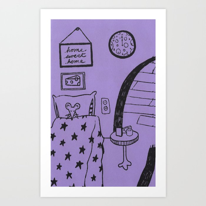 Sleeping purple mouse cozy risograph illustration Art Print