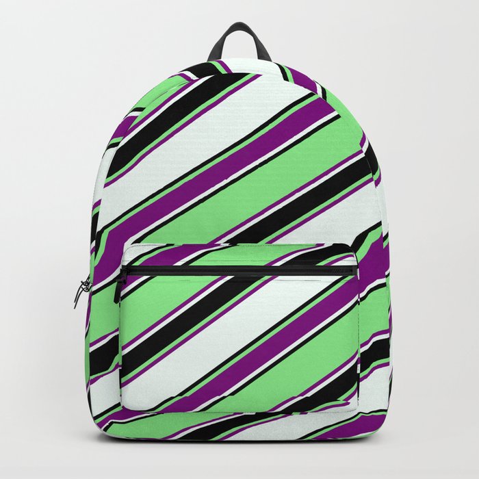 Light Green, Purple, Mint Cream & Black Colored Lines Pattern Backpack