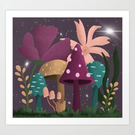 Teal and Magenta Mushroom Scape Art Print