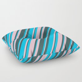[ Thumbnail: Deep Sky Blue, Pink & Dark Slate Gray Colored Stripes Pattern Floor Pillow ]