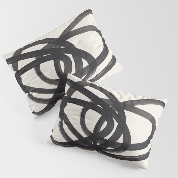 Mid Century Modern Minimalist Abstract Art Brush Strokes Black & White Ink Art Spiral Circles Pillow Sham
