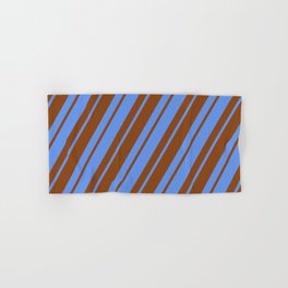 [ Thumbnail: Cornflower Blue & Brown Colored Lined Pattern Hand & Bath Towel ]