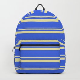 [ Thumbnail: Pale Goldenrod & Royal Blue Colored Stripes/Lines Pattern Backpack ]