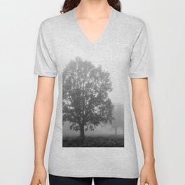 Trees on a Misty Morning V Neck T Shirt