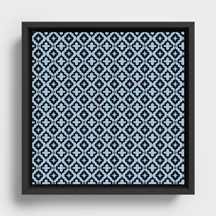 Pale Blue and Black Ornamental Arabic Pattern Framed Canvas