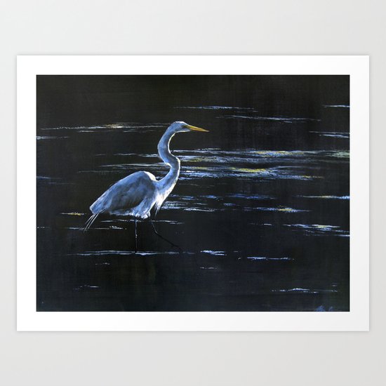 Great Egret Wading in Dark Waters Art Print