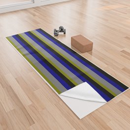 [ Thumbnail: Green, Black, Blue & Gray Colored Lined Pattern Yoga Towel ]