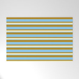[ Thumbnail: Light Sky Blue, Dark Goldenrod, and Light Yellow Colored Lined/Striped Pattern Welcome Mat ]