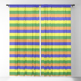 [ Thumbnail: Green, Dark Orange, Blue, and Yellow Pattern of Stripes Sheer Curtain ]