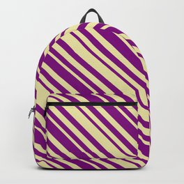 [ Thumbnail: Pale Goldenrod and Purple Colored Lined Pattern Backpack ]