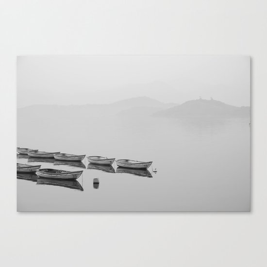 Small boat lake black white Canvas Print