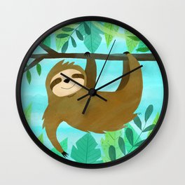Cute Sloth Wall Clock | Sloth, Nature, Wildlife, Trees, Graphic Design, Green, Jungle, Vines, Pattern, Brown 