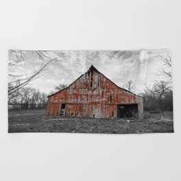 Worn Paint - Rustic Red Barn Against Black and White Landscape on Early Spring Day in Missouri Beach Towel