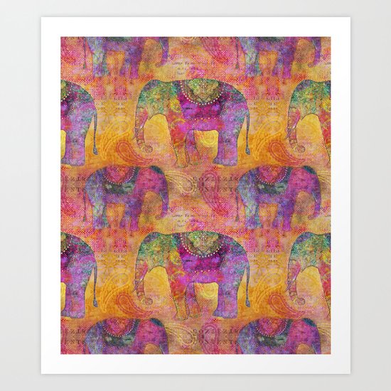 Elephant Pattern colorful orange pink Art Print