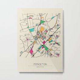 Colorful City Maps: Princeton, New Jersey Metal Print | Urban, Princeton, Creative, Map, Downtown, City, Poster, Street, Housewarming, Colorful 