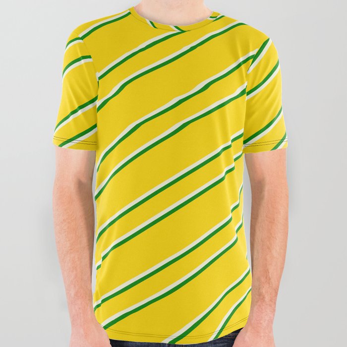 Yellow, Beige & Green Colored Lined/Striped Pattern All Over Graphic Tee