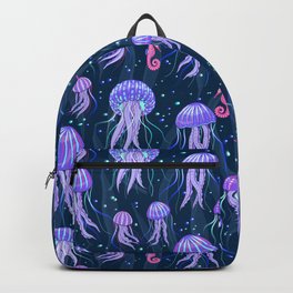 Glowing Jellyfish in the Deep Sea. Backpack | Blue, Deep, Bioluminescence, Vector, Seamless, Kids, Glowing, Graphicdesign, Sea, Jellyfish 
