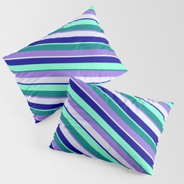 [ Thumbnail: Eye-catching Teal, Purple, Lavender, Dark Blue, and Aquamarine Colored Pattern of Stripes Pillow Sham ]