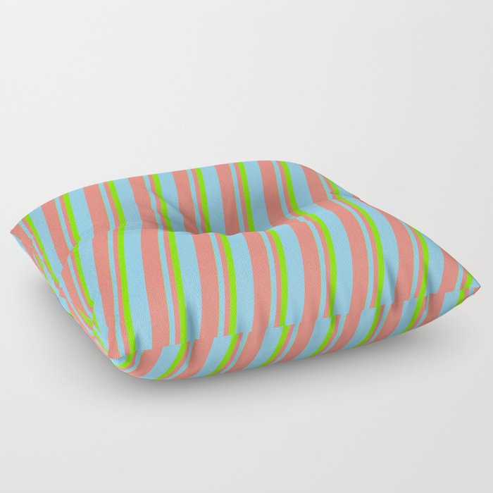 Green, Sky Blue & Salmon Colored Pattern of Stripes Floor Pillow