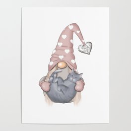 Romantic Gnome With Gray Cat Poster