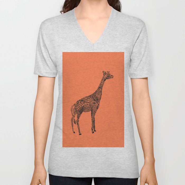 Designer Giraffe Coral V Neck T Shirt