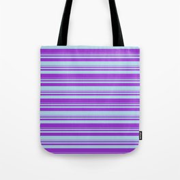 [ Thumbnail: Dark Orchid & Light Blue Colored Stripes/Lines Pattern Tote Bag ]