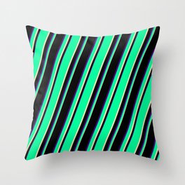 [ Thumbnail: Green, Tan, Black, and Indigo Colored Lines/Stripes Pattern Throw Pillow ]