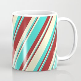 [ Thumbnail: Brown, Light Yellow, and Turquoise Colored Lined Pattern Coffee Mug ]