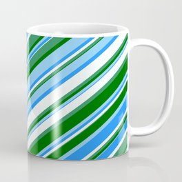 [ Thumbnail: Eye-catching Blue, Mint Cream, Sea Green, Dark Green & Light Sky Blue Colored Lined Pattern Coffee Mug ]