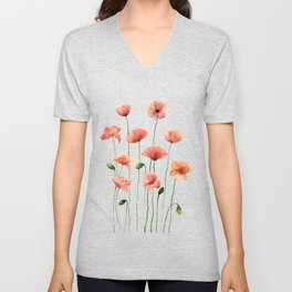 Poppies Watercolor White Background  V Neck T Shirt