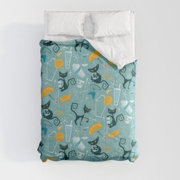 Mid century modern atomic style cats and cocktails Comforter