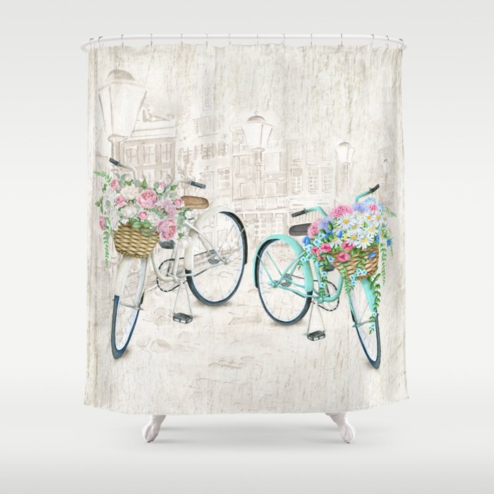 Vintage Bicycles With a City Background Shower Curtain