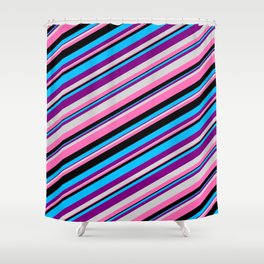 [ Thumbnail: Eyecatching Deep Sky Blue, Purple, Light Grey, Hot Pink, and Black Colored Lined Pattern Shower Curtain ]