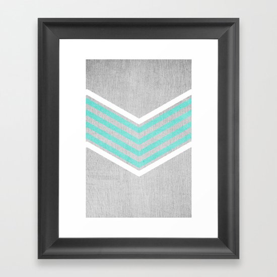 Teal and White Chevron on Silver Grey Wood Framed Art Print