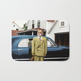 Mr. Fox posing with his new car Bath Mat | Digital, Fox, Home Decor, Animal, Collage, Classic, Gift Guide Ideas, Dressed Up, Vintage, Funny 