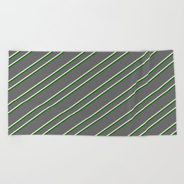 [ Thumbnail: Dim Gray, Beige & Dark Green Colored Pattern of Stripes Beach Towel ]