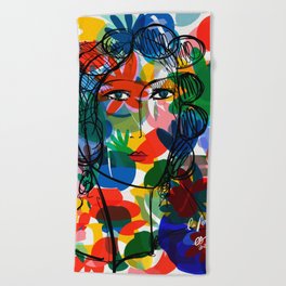La femme aux fleurs portrait pop abstract by Emmanuel Signorino Beach Towel