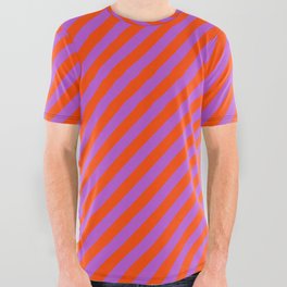 [ Thumbnail: Orchid & Red Colored Lines/Stripes Pattern All Over Graphic Tee ]