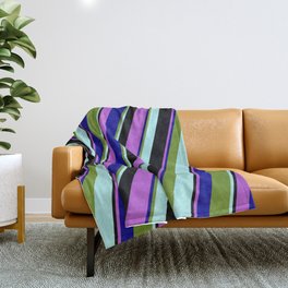 [ Thumbnail: Eyecatching Orchid, Dark Blue, Green, Turquoise, and Black Colored Stripes/Lines Pattern Throw Blanket ]
