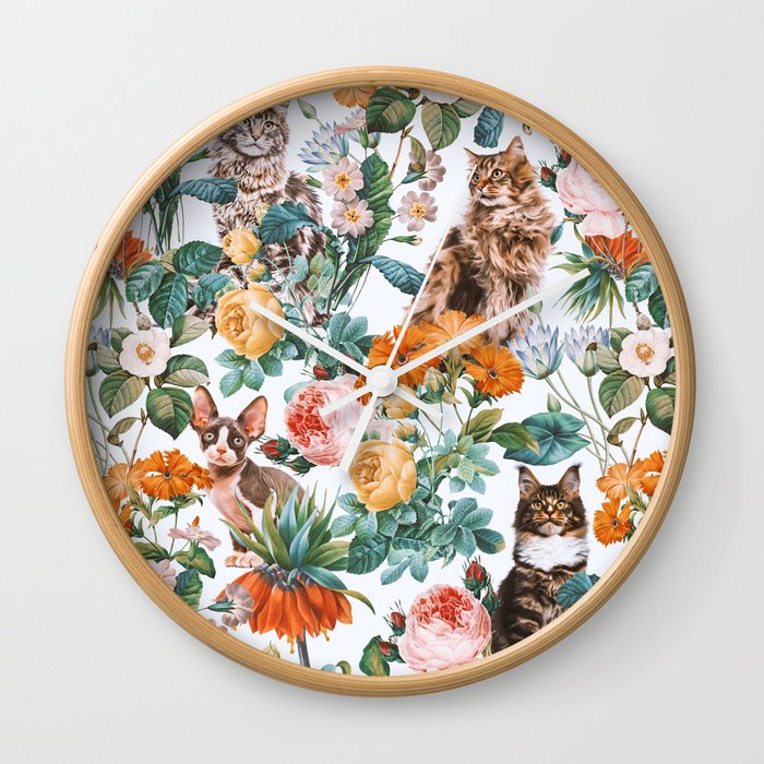 Cat and Floral Pattern III Wall Clock