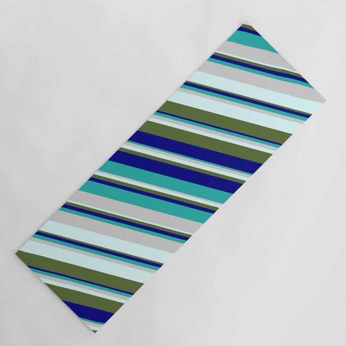 Blue, Light Sea Green, Light Gray, Light Cyan & Dark Olive Green Colored Pattern of Stripes Yoga Mat