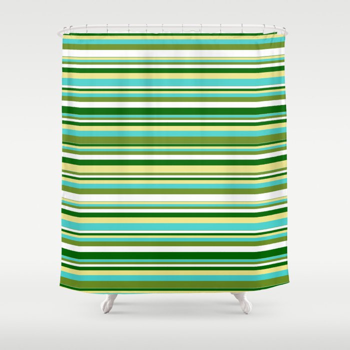 Tan, Turquoise, Green, White, and Dark Green Colored Pattern of Stripes Shower Curtain