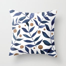 Watercolor berries and branches - indigo and beige Throw Pillow