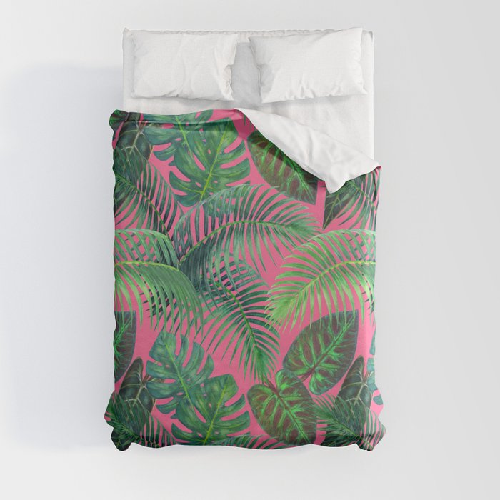 Tropical Palm Leaves On Pink Duvet Cover