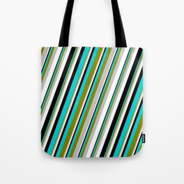 [ Thumbnail: Eye-catching Green, Grey, White, Black & Dark Turquoise Colored Pattern of Stripes Tote Bag ]