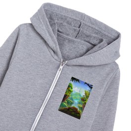 Mountain Forest. Nature Scene. Fantasy Backdrop. Concept Art. Realistic Illustration. Video Game Background. Digital Painting. CG Artwork. Scenery Artwork. Serious Painting. Book Illustration. Kids Zip Hoodie