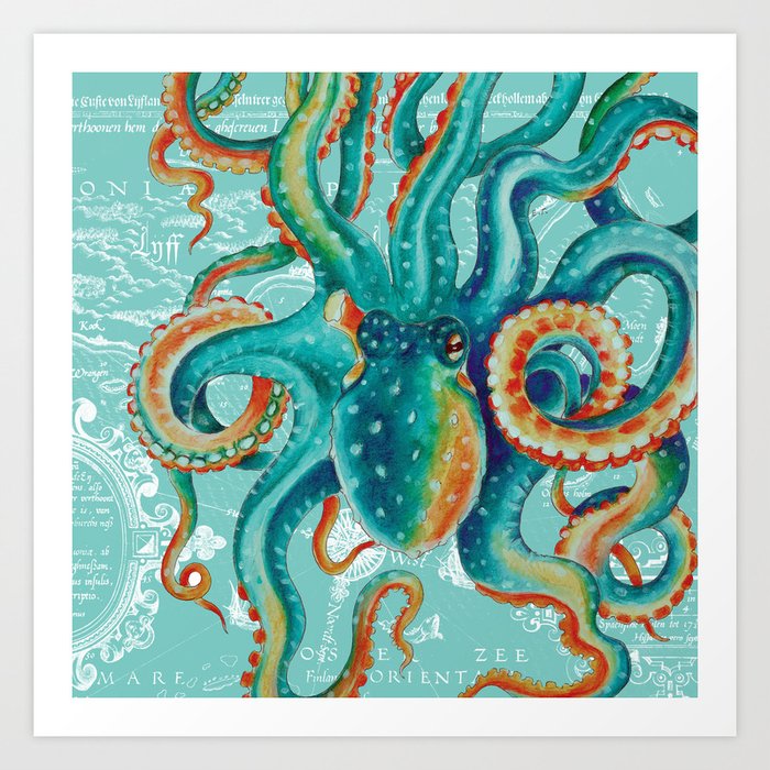 Teal Octopus On Light Teal Vintage Map Art Print