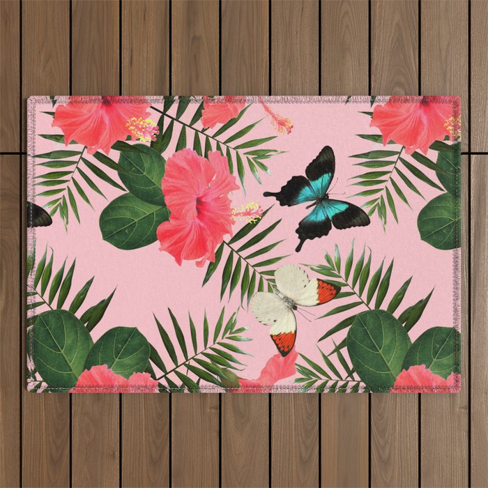 Tropical Theme on Pink Outdoor Rug